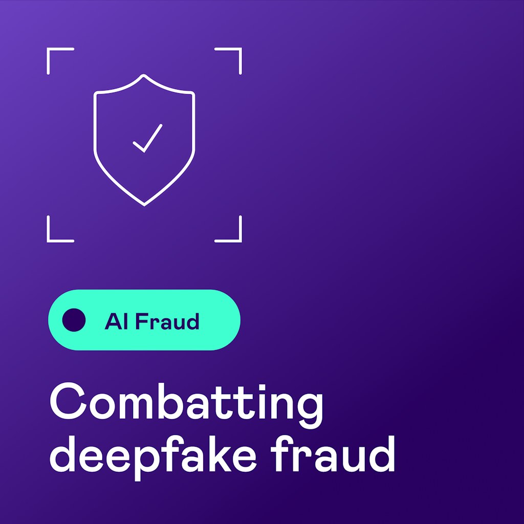image with a purple background and two people shooting to a representation of fraud with the title the rise of deepfakes